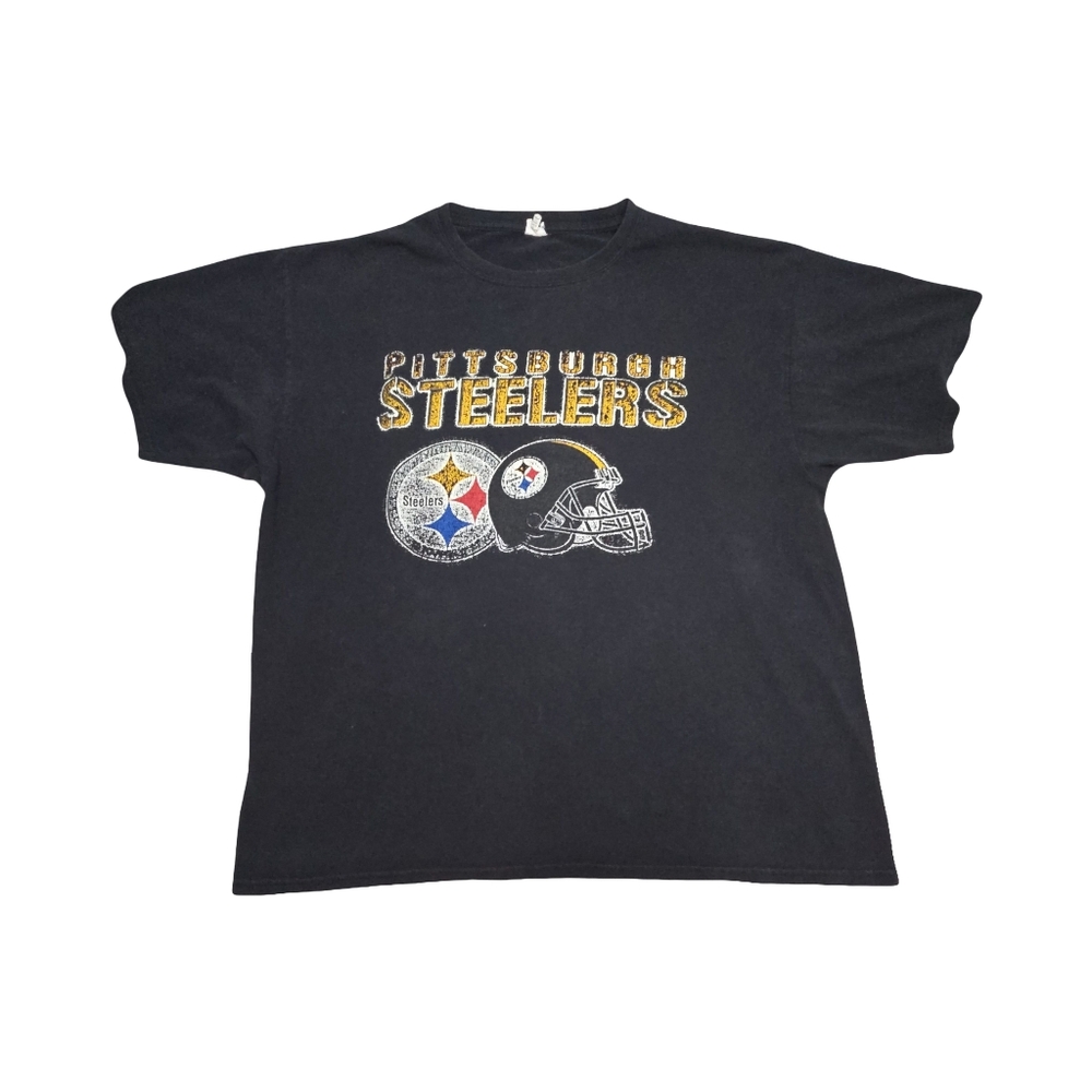 Vintage Y2k Pittsburgh Steelers NFL T-Shirt Mens 2XL Faded Black Distressed